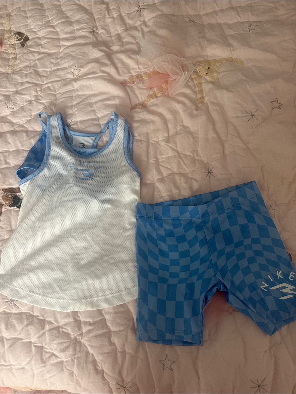Nike White & Light Blue Girls Athletic Tank with Blue Checkerboard Bike Shorts